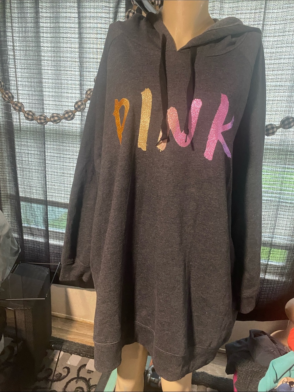 PINK Victoria's Secret Charcoal Hoodie with Metallic Pink, Gold & Orange Logo
